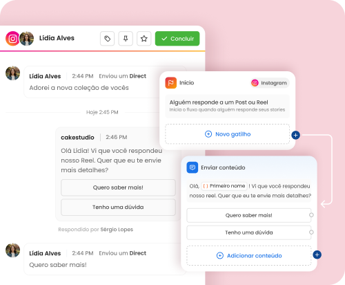 Tela da mLabs Chat mostrando automação no Instagram para responder interações em post ou reel com opções de resposta automática no direct.