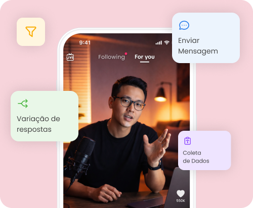 Tela do TikTok com recursos de automação da mLabs Chat, como envio de mensagem, variação de respostas e coleta de dados.