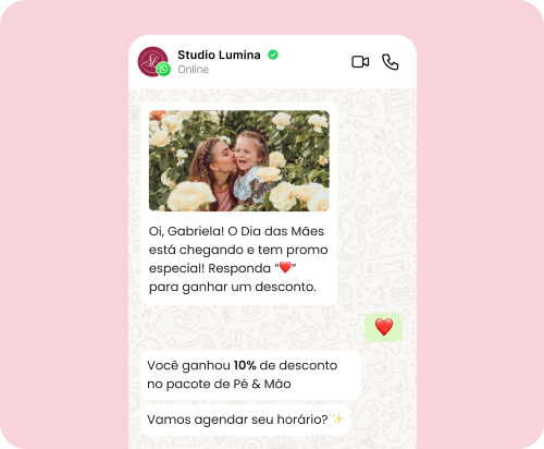 Exemplo de campanha promocional no WhatsApp com mensagem personalizada, desconto e agendamento de clientes