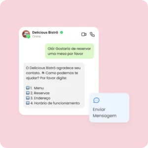Atendimento automático no WhatsApp para captar leads mLabs Chat Conversa no WhatsApp com mensagem automática de atendimento oferecendo opções como menu, reservas, endereço e horário de funcionamento