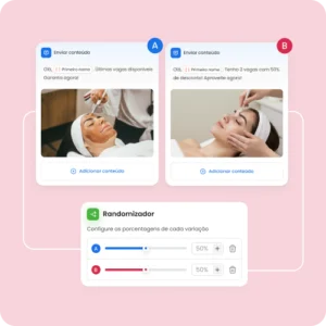 Teste A/B para otimizar a captação de leads Tela da mLabs Chat com teste A/B de automação, mostrando duas variações de conteúdo e um randomizador para distribuir os envios na captação de leads