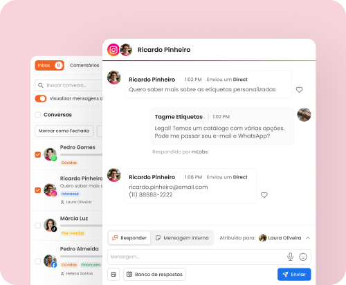 Tela da mLabs Chat com conversa no Instagram em que o lead envia e-mail e telefone por direct para solicitar mais informações
