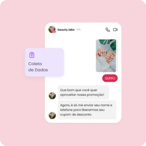 Coleta de dados para captação de leads no Instagram com mLabs Chat Conversa no Instagram com automação de coleta de dados, em que o contato envia interesse na promoção e é orientado a informar nome e telefone
