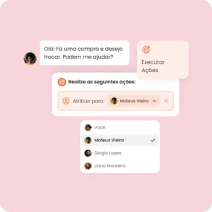 Distribuição automática de leads para a equipe Tela da mLabs Chat com ação de automação para atribuir leads automaticamente a um membro da equipe durante o atendimento