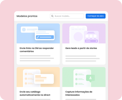 Tela da mLabs Chat com modelos prontos de automação para captação de leads, incluindo envio de links por DM, geração de leads por stories e captura de informações de interessados