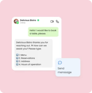Automatic customer service on WhatsApp to capture leads mLabs Chat WhatsApp conversation with an automatic customer service message offering options such as menu, reservations, address, and business hours