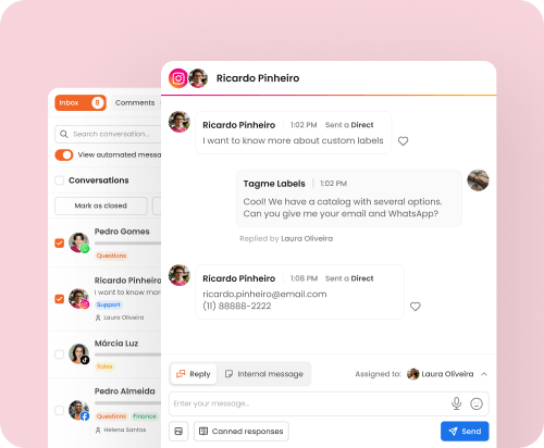 mLabs Chat screen with an Instagram conversation in which the lead sends their email and phone number via direct message to request more information