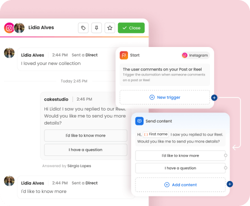 mLabs Chat screen showing Instagram automation to reply to interactions on a post or reel with automatic reply options in direct messages.