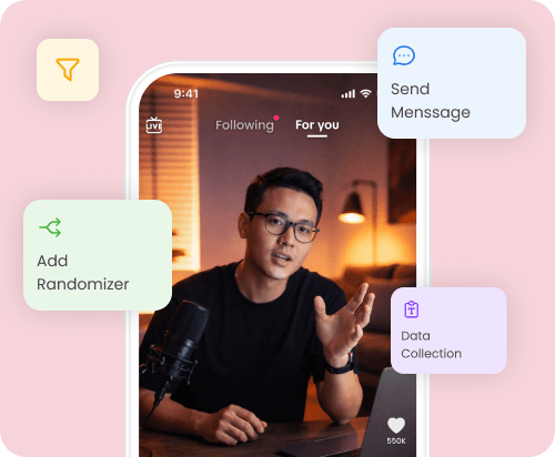 TikTok screen with mLabs Chat automation features, such as message sending, response variations, and data collection.