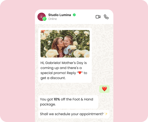 Example of a promotional campaign on WhatsApp with a personalized message, discount, and customer scheduling