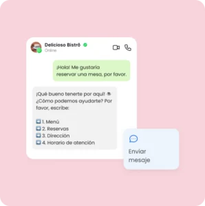 Atención automática en WhatsApp para captar leads con mLabs Chat Conversación en WhatsApp con mensaje automático de atención que ofrece opciones como menú, reservas, dirección y horario de funcionamiento