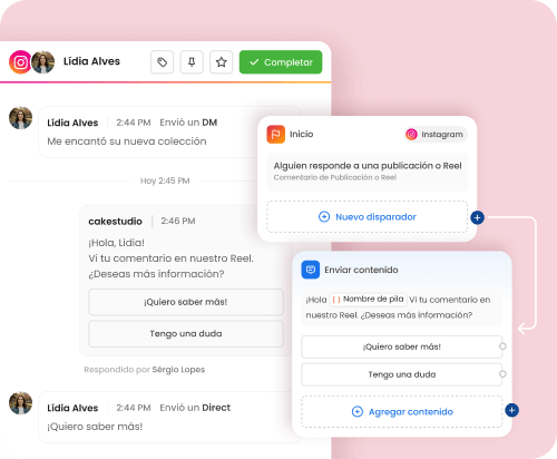 Pantalla de mLabs Chat que muestra la automatización en Instagram para responder interacciones en una publicación o reel con opciones de respuesta automática por direct.