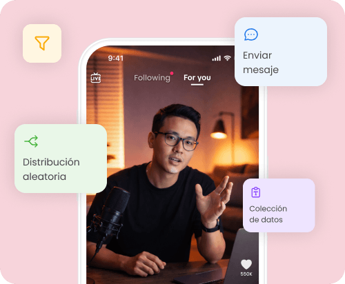 Pantalla de TikTok con recursos de automatización de mLabs Chat, como envío de mensajes, variación de respuestas y recopilación de datos.