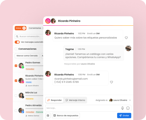 Pantalla de mLabs Chat con una conversación en Instagram en la que el lead envía correo electrónico y teléfono por direct para solicitar más información