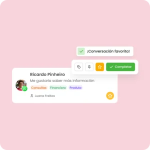 Destacar conversaciones en mLabs Chat Pantalla del Inbox Unificado de mLabs Chat con recurso para destacar conversaciones importantes y resaltar leads con mayor potencial