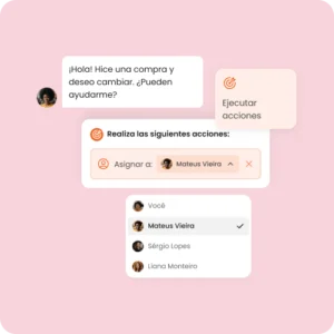 Distribución automática de leads al equipo Pantalla de mLabs Chat con acción de automatización para asignar leads automáticamente a un miembro del equipo durante la atención