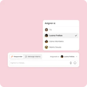 Distribución de conversaciones de mLabs Chat Pantalla del Inbox Unificado de mLabs Chat con distribución de conversaciones entre miembros del equipo para organizar la atención