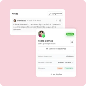 Historial de conversaciones de mLabs Chat Pantalla del Inbox Unificado de mLabs Chat con historial de conversaciones, notas y datos del contacto