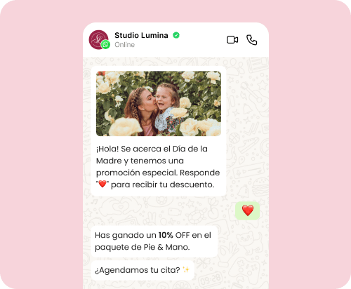 Ejemplo de campaña promocional en WhatsApp con mensaje personalizado, descuento y agendamiento de clientes
